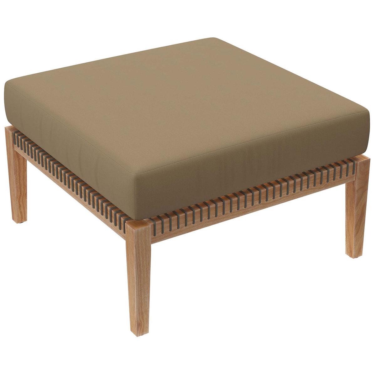 Light brown cushioned patio ottoman with teak base and rope-wrapped seat detail || EEI-6121-GRY-LBR || front_angle_partial_studio