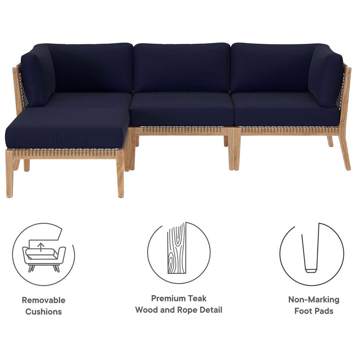 Navy blue teak patio sectional with removable cushions, premium wood, and non-marking foot pads || EEI-6121-GRY-NAV || callout_studio