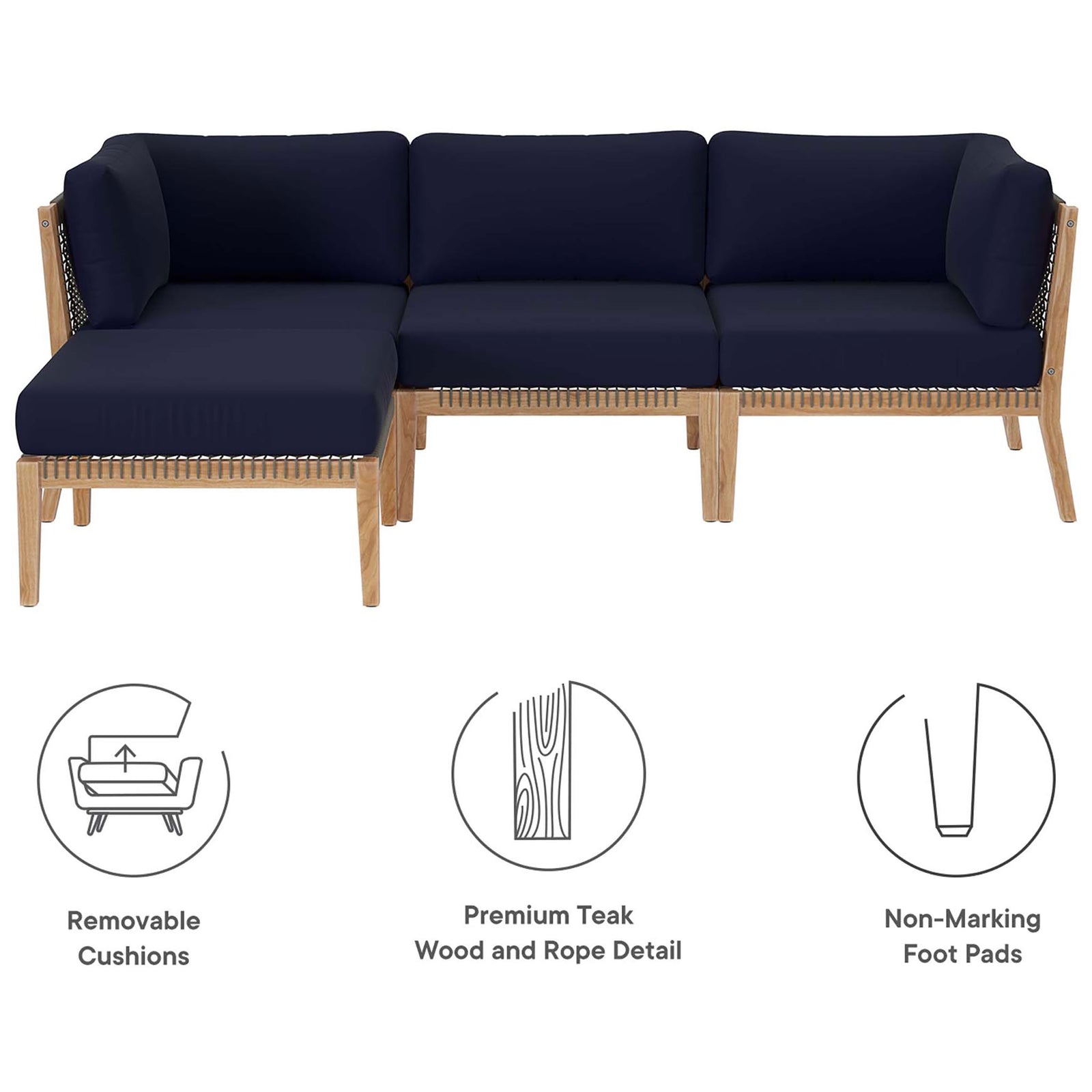 Navy blue teak patio sectional with removable cushions, premium wood, and non-marking foot pads || EEI-6121-GRY-NAV || callout_studio