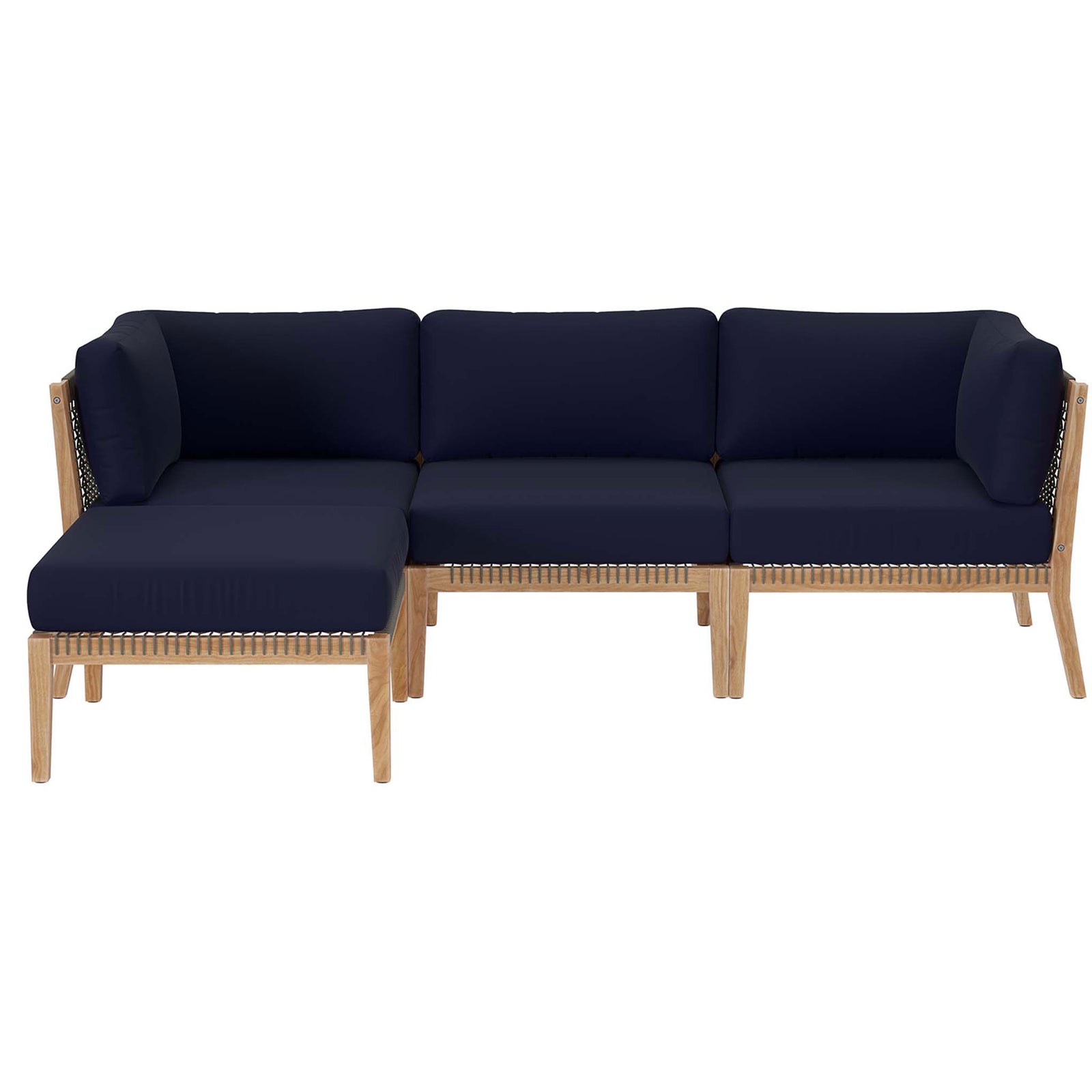 Navy blue outdoor teak sectional sofa with rope accents and left chaise lounge || EEI-6121-GRY-NAV || front_studio