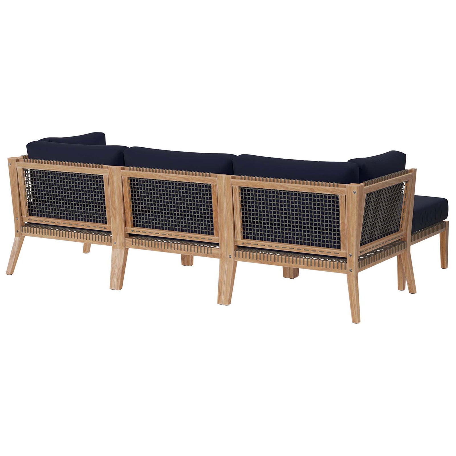 Navy blue patio sectional with woven rope back and sturdy teak frame || EEI-6121-GRY-NAV || back_studio