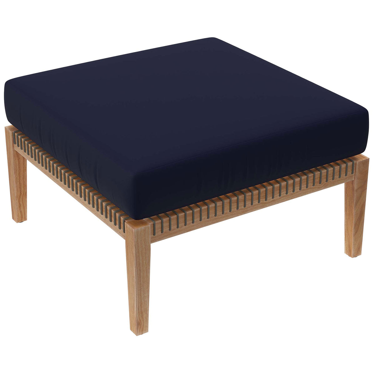 Navy blue cushioned patio ottoman with teak base and rope-wrapped seat detail || EEI-6121-GRY-NAV || front_angle_partial_studio