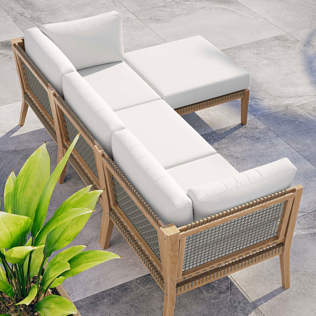 White Clearwater sectional arranged poolside to create a relaxing outdoor lounge nook || EEI-6121-GRY-WHI || top_angle_room