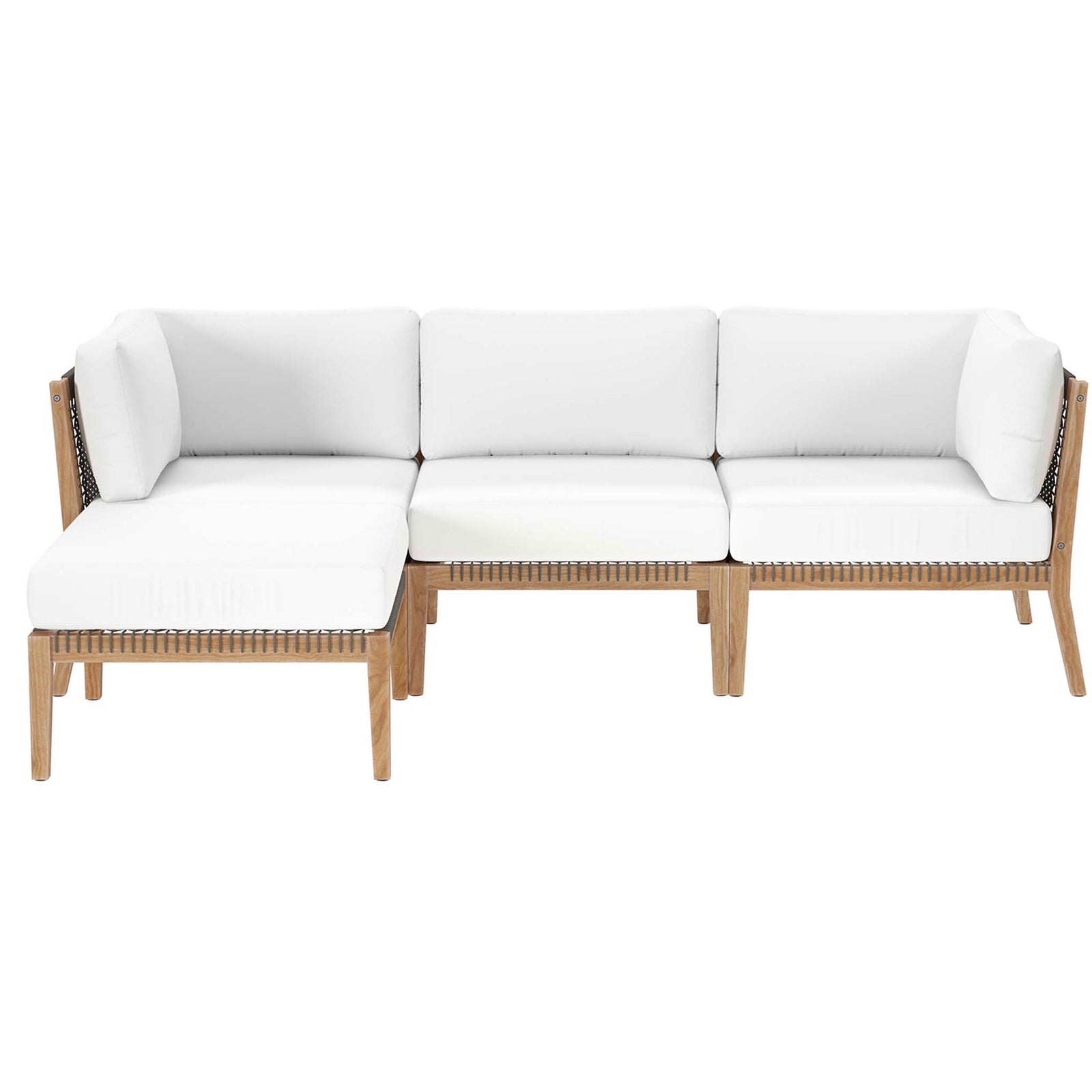 Crisp white outdoor teak sectional sofa with rope accents and left chaise lounge || EEI-6121-GRY-WHI || front_studio