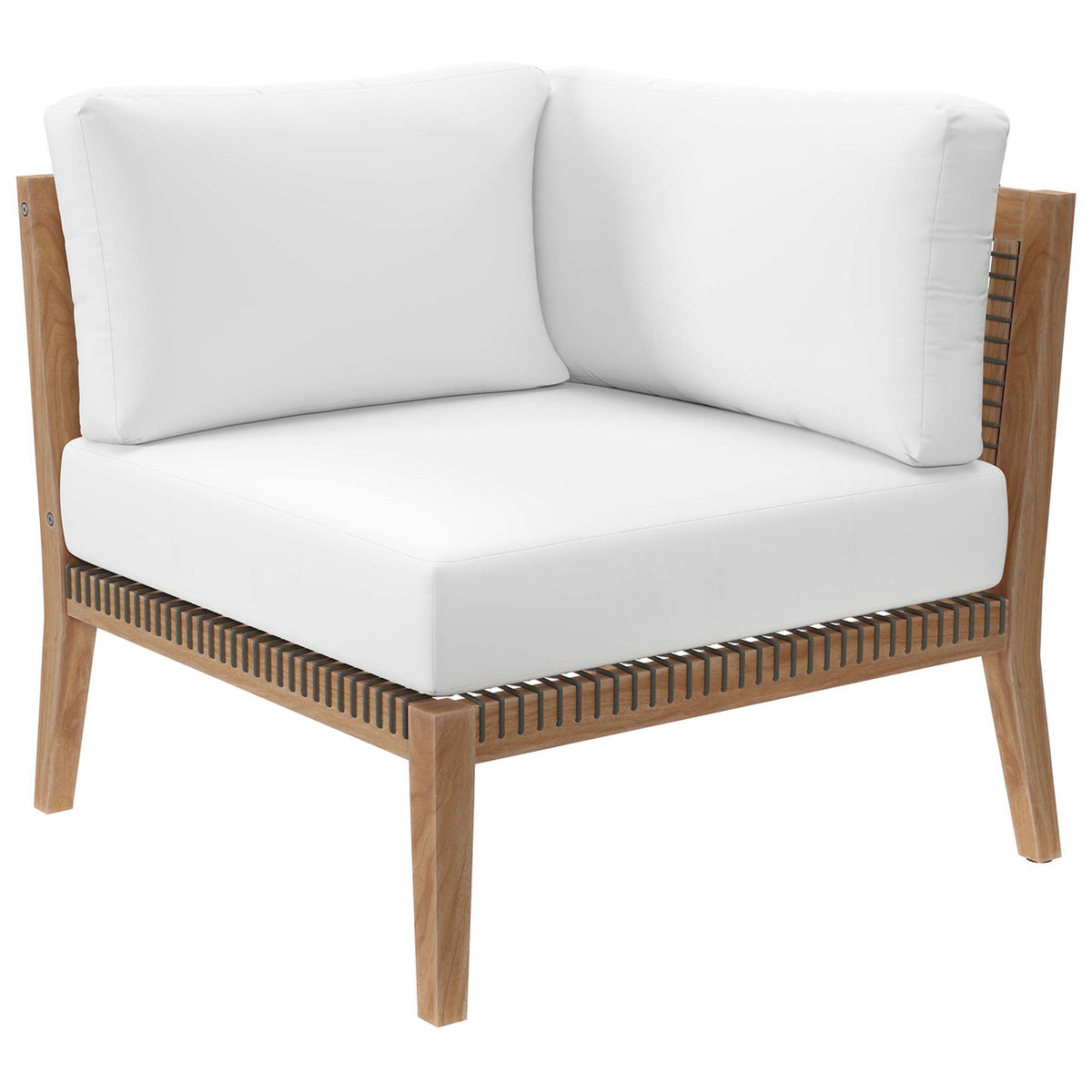 White corner patio chair with deep cushions, teak base, and airy rope sides || EEI-6121-GRY-WHI || front_angle_partial_studio