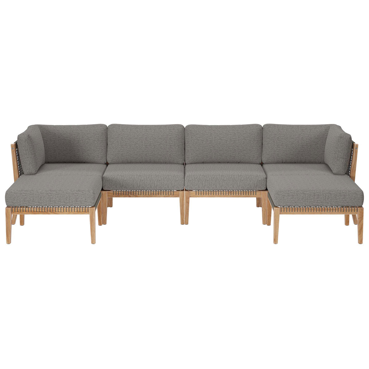 L-shaped graphite gray teak patio sectional with six modular seats and woven rope accents || EEI-6122-GRY-GPH || front_studio