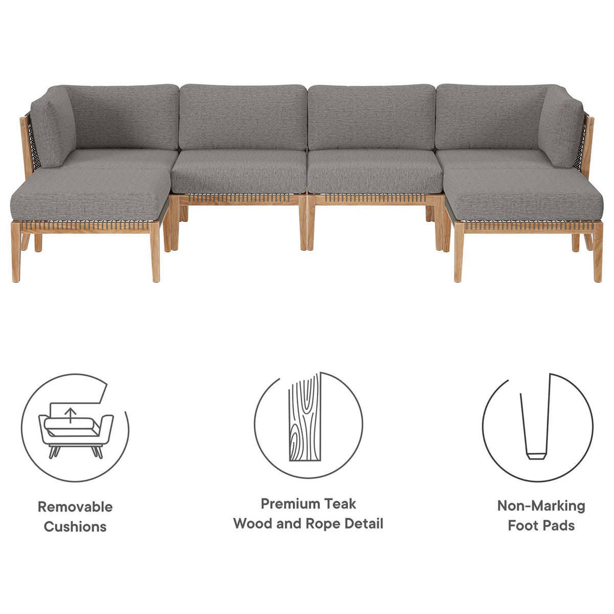 Clearwater graphite patio sectional with icons for removable cushions, teak wood, and non-marking feet || EEI-6122-GRY-GPH || callout_studio