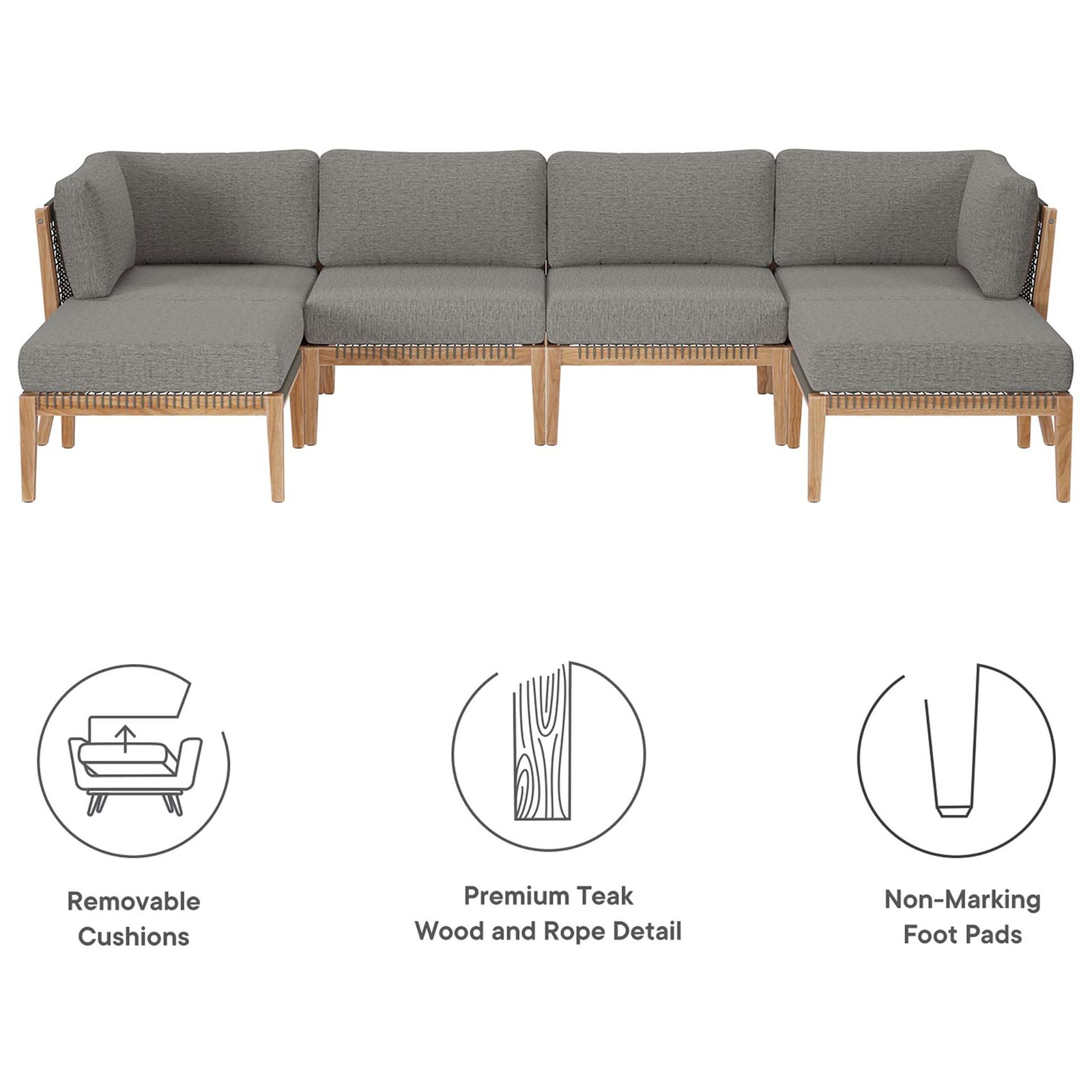 Clearwater graphite patio sectional with icons for removable cushions, teak wood, and non-marking feet || EEI-6122-GRY-GPH || callout_studio