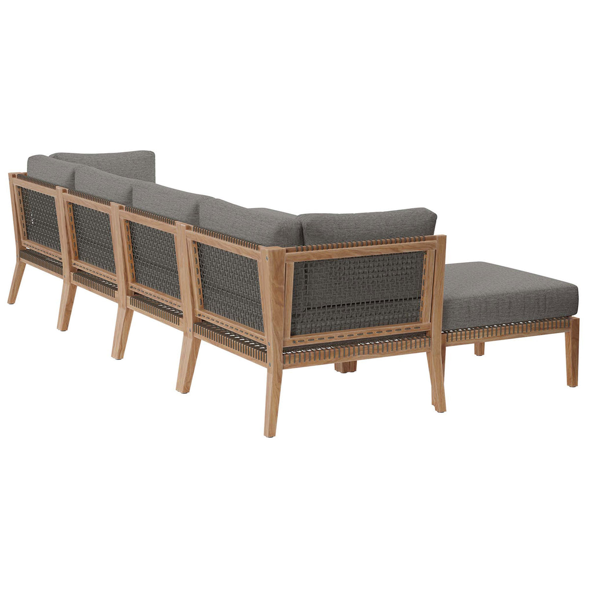 Graphite gray outdoor sectional displaying the open weave teak backrests and rope detailing || EEI-6122-GRY-GPH || back_angle_studio