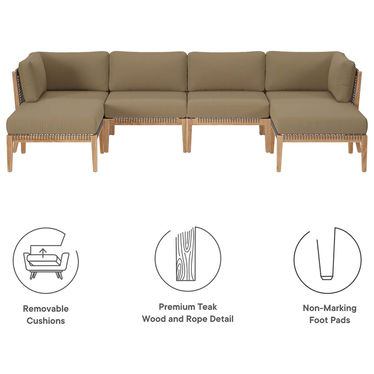 Clearwater light brown patio sectional with icons for removable cushions, teak wood, and non-marking feet || EEI-6122-GRY-LBR || callout_studio