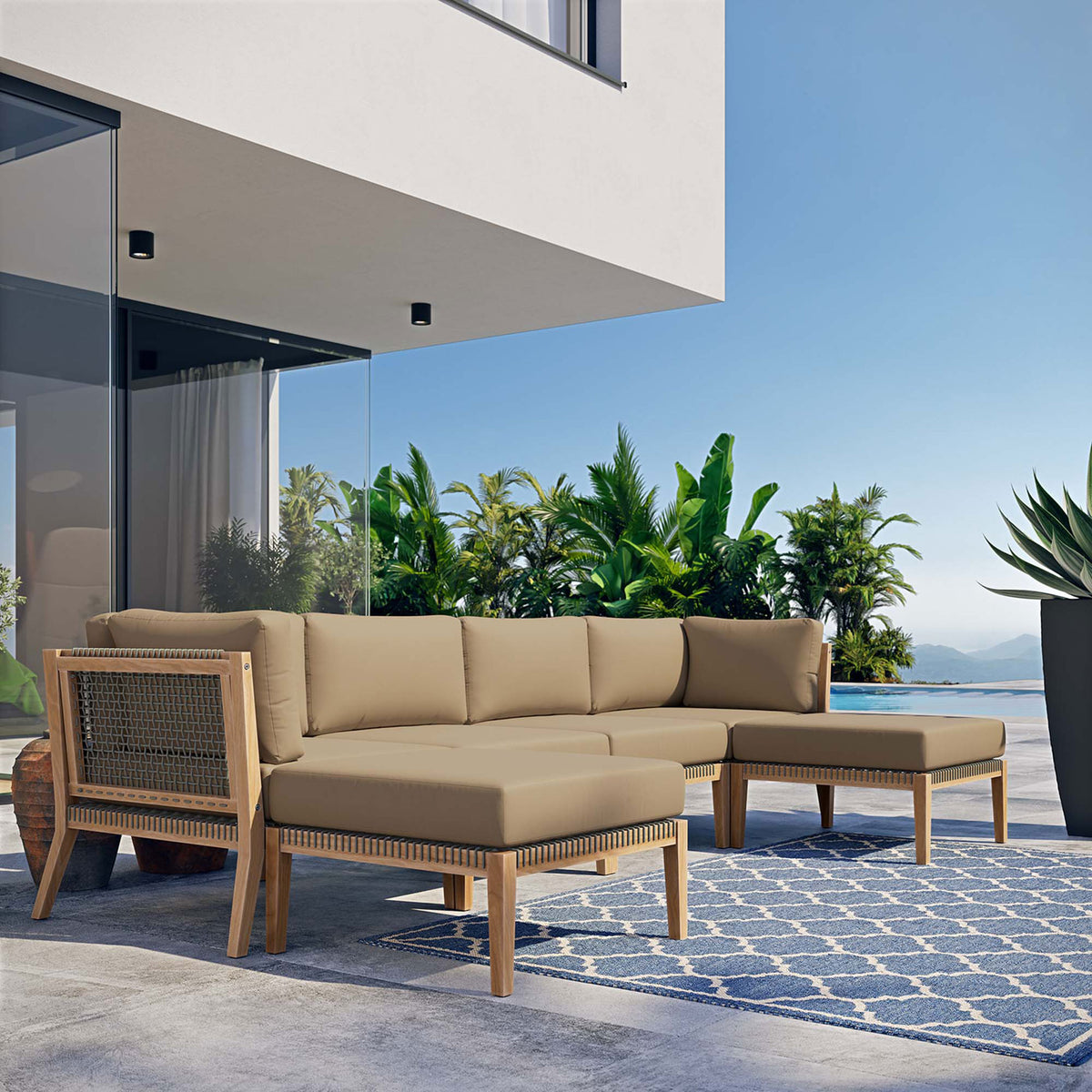 Light brown outdoor teak sectional creating a cozy lounge area on a sunlit poolside terrace || EEI-6122-GRY-LBR || front_angle_room