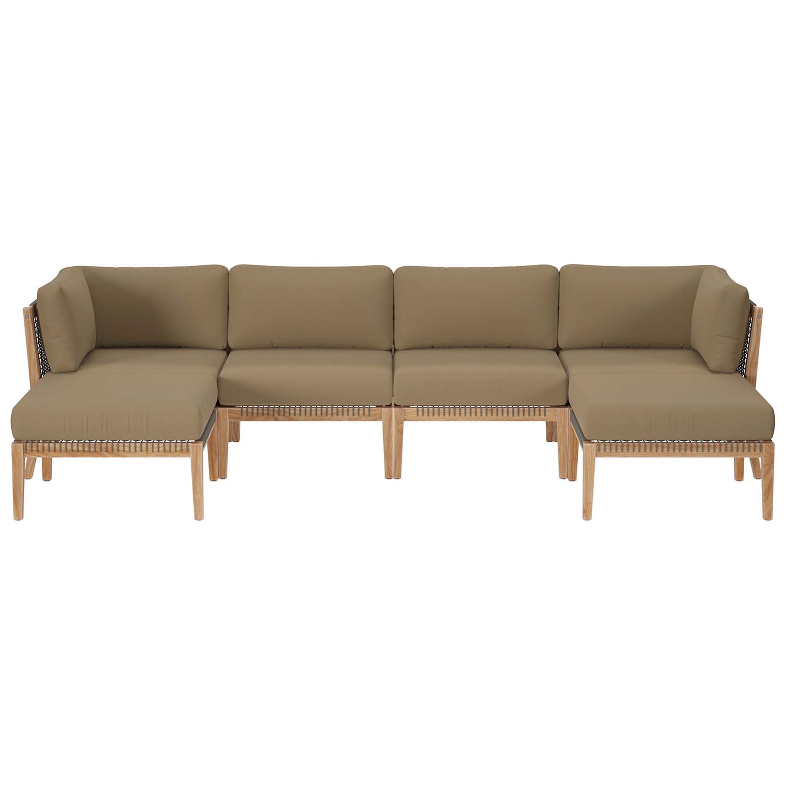 L-shaped light brown teak patio sectional with six modular seats and woven rope accents || EEI-6122-GRY-LBR || front_studio
