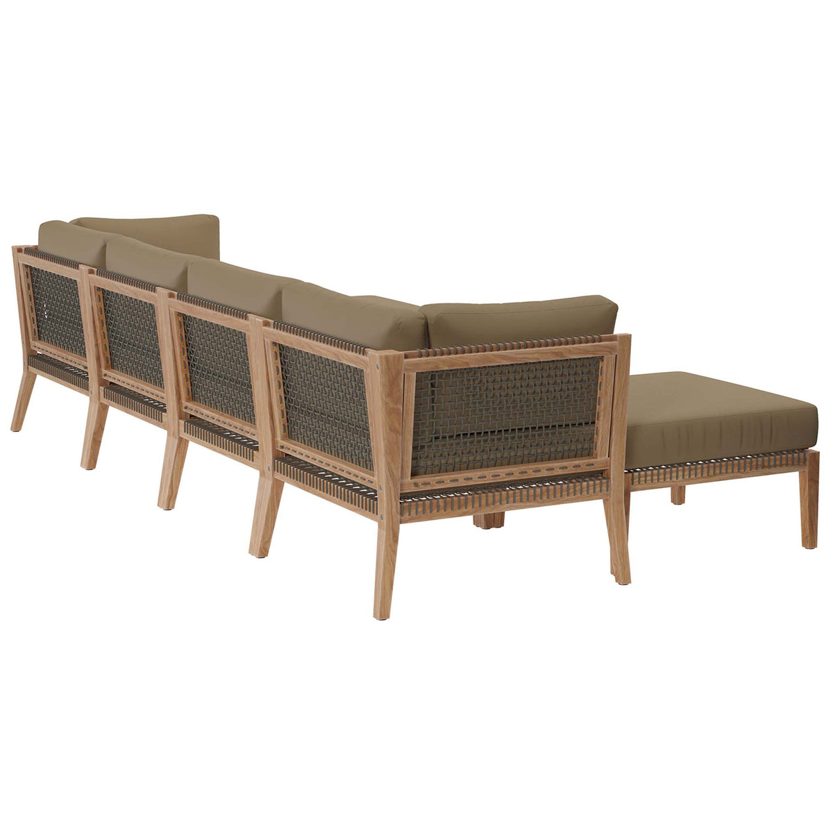 Light brown outdoor sectional displaying the open weave teak backrests and rope detailing || EEI-6122-GRY-LBR || back_angle_studio