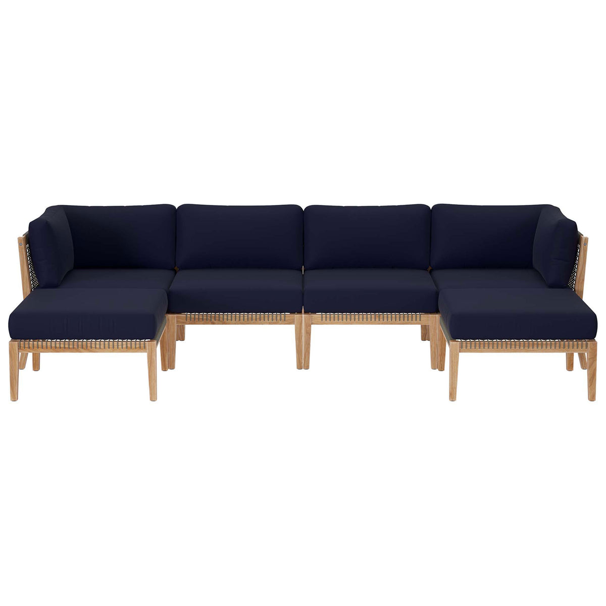 L-shaped navy blue teak patio sectional with six modular seats and woven rope accents || EEI-6122-GRY-NAV || front_studio