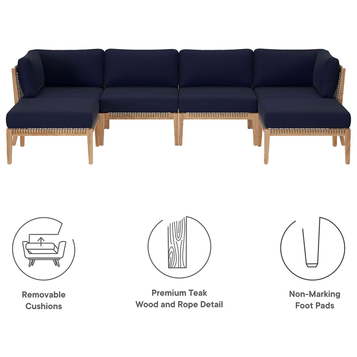 Clearwater navy patio sectional with icons for removable cushions, teak wood, and non-marking feet || EEI-6122-GRY-NAV || callout_studio