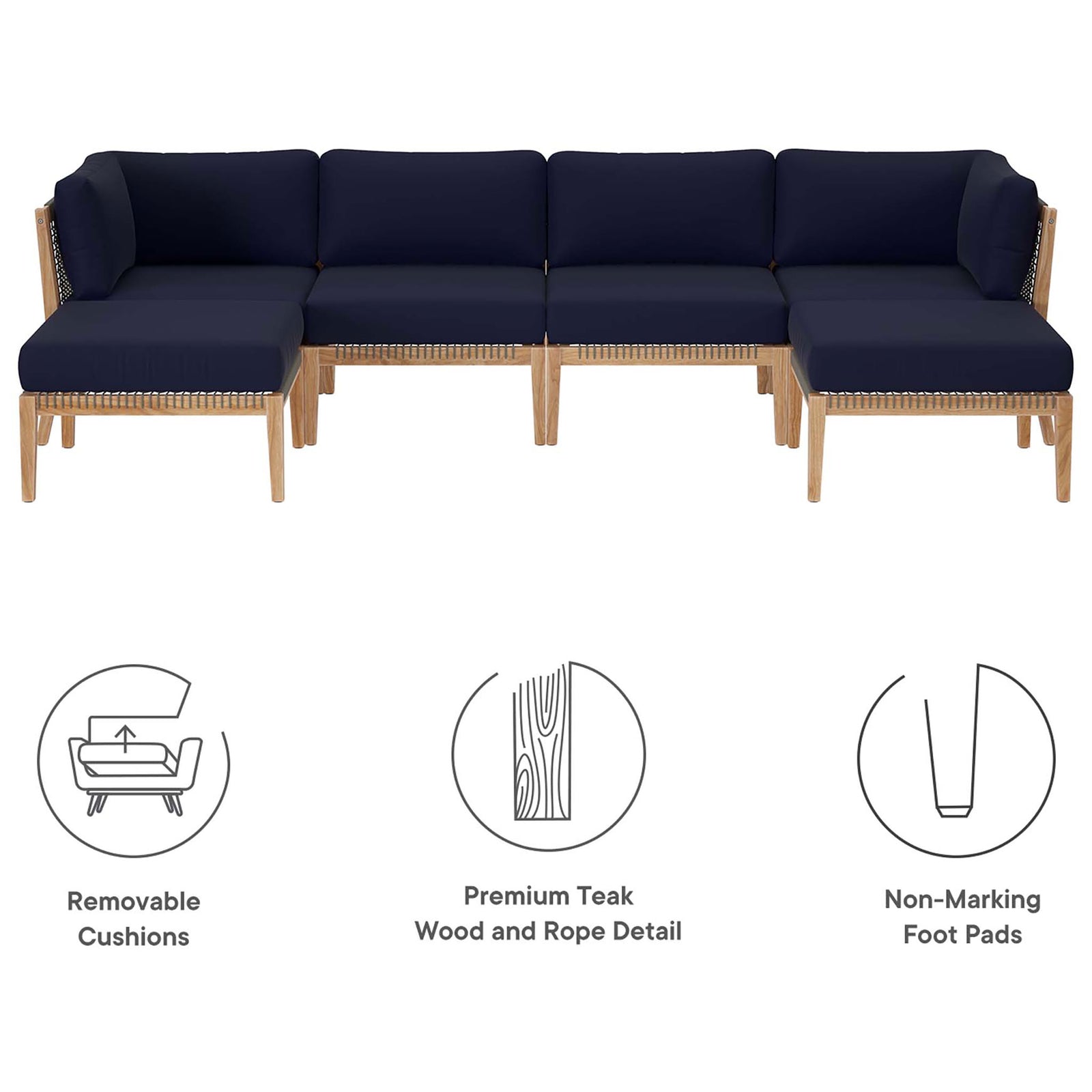 Clearwater navy patio sectional with icons for removable cushions, teak wood, and non-marking feet || EEI-6122-GRY-NAV || callout_studio