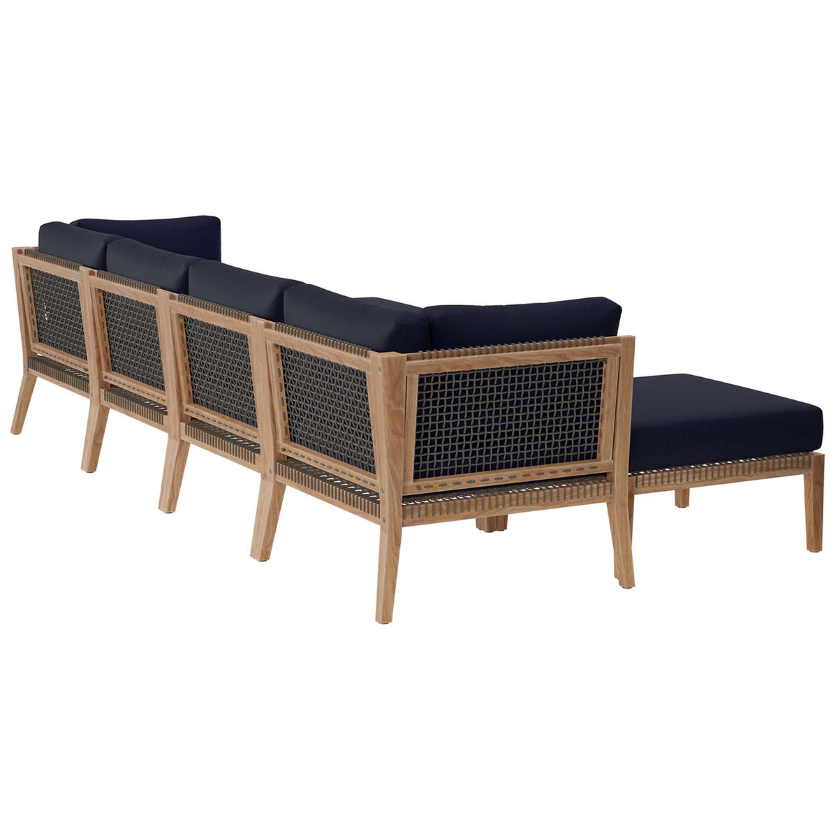 Navy blue outdoor sectional displaying the open weave teak backrests and rope detailing || EEI-6122-GRY-NAV || back_angle_studio