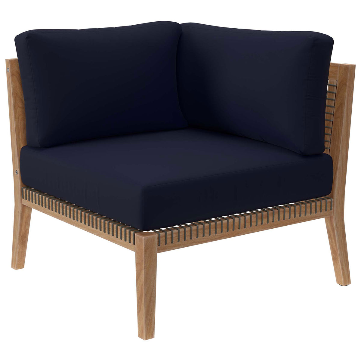 Navy blue corner chair module with thick cushions on a teak frame and woven rope sides || EEI-6122-GRY-NAV || front_angle_partial_studio