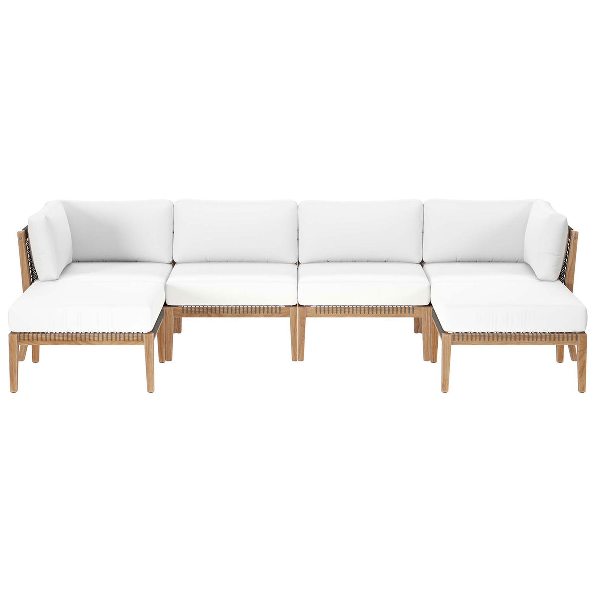 L-shaped white teak patio sectional with six modular seats and woven rope accents || EEI-6122-GRY-WHI || front_studio