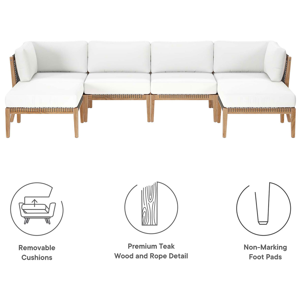 Clearwater white patio sectional with icons for removable cushions, teak wood, and non-marking feet || EEI-6122-GRY-WHI || callout_studio