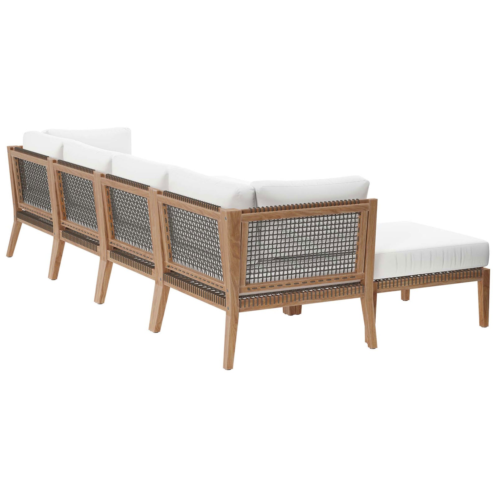 White outdoor sectional displaying the open weave teak backrests and rope detailing || EEI-6122-GRY-WHI || back_angle_studio
