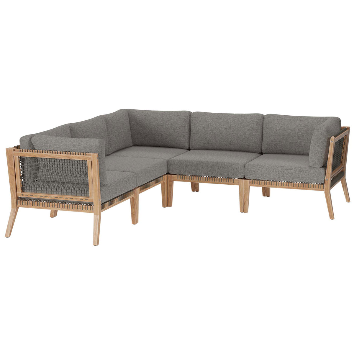 Teak outdoor sectional with gray graphite cushions and woven rope sides for breezy, modern seating || EEI-6123-GRY-GPH || front_angle_studio