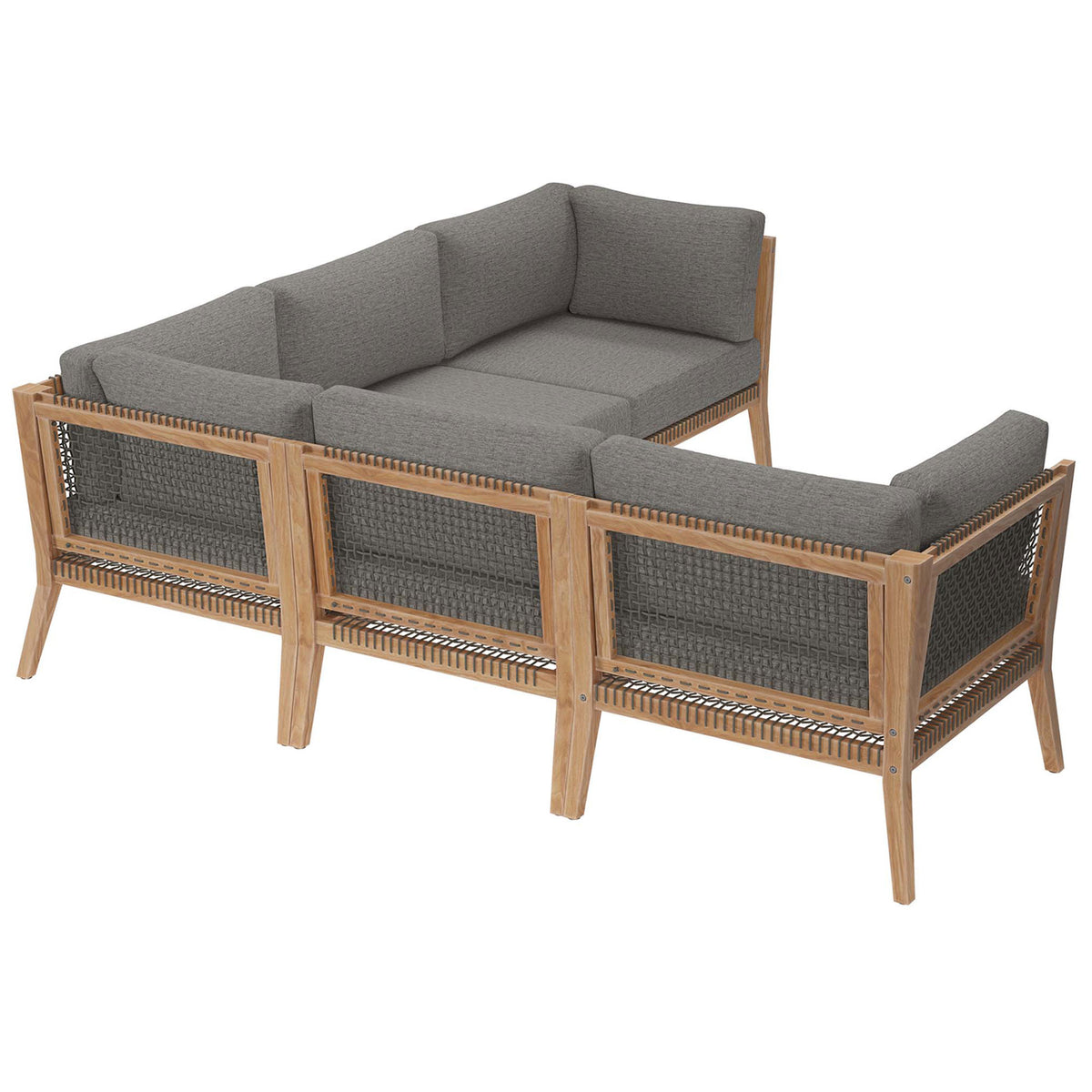 Back of the teak outdoor sectional showcasing rope webbing and clean-lined gray graphite cushions || EEI-6123-GRY-GPH || back_angle_studio