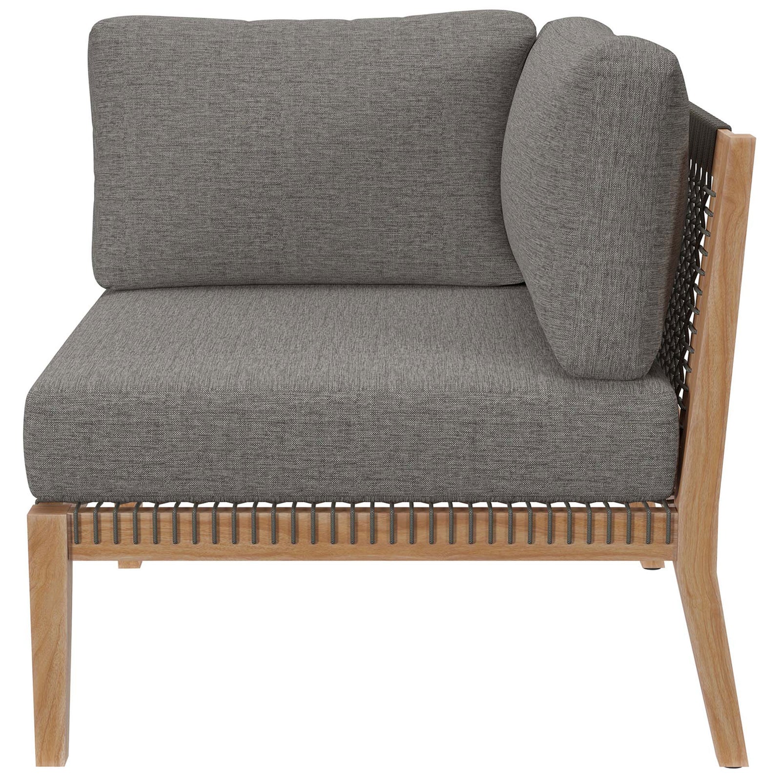 Corner chair profile highlighting slim teak legs, woven rope panel, and plush gray graphite cushions || EEI-6123-GRY-GPH || side_partial_studio