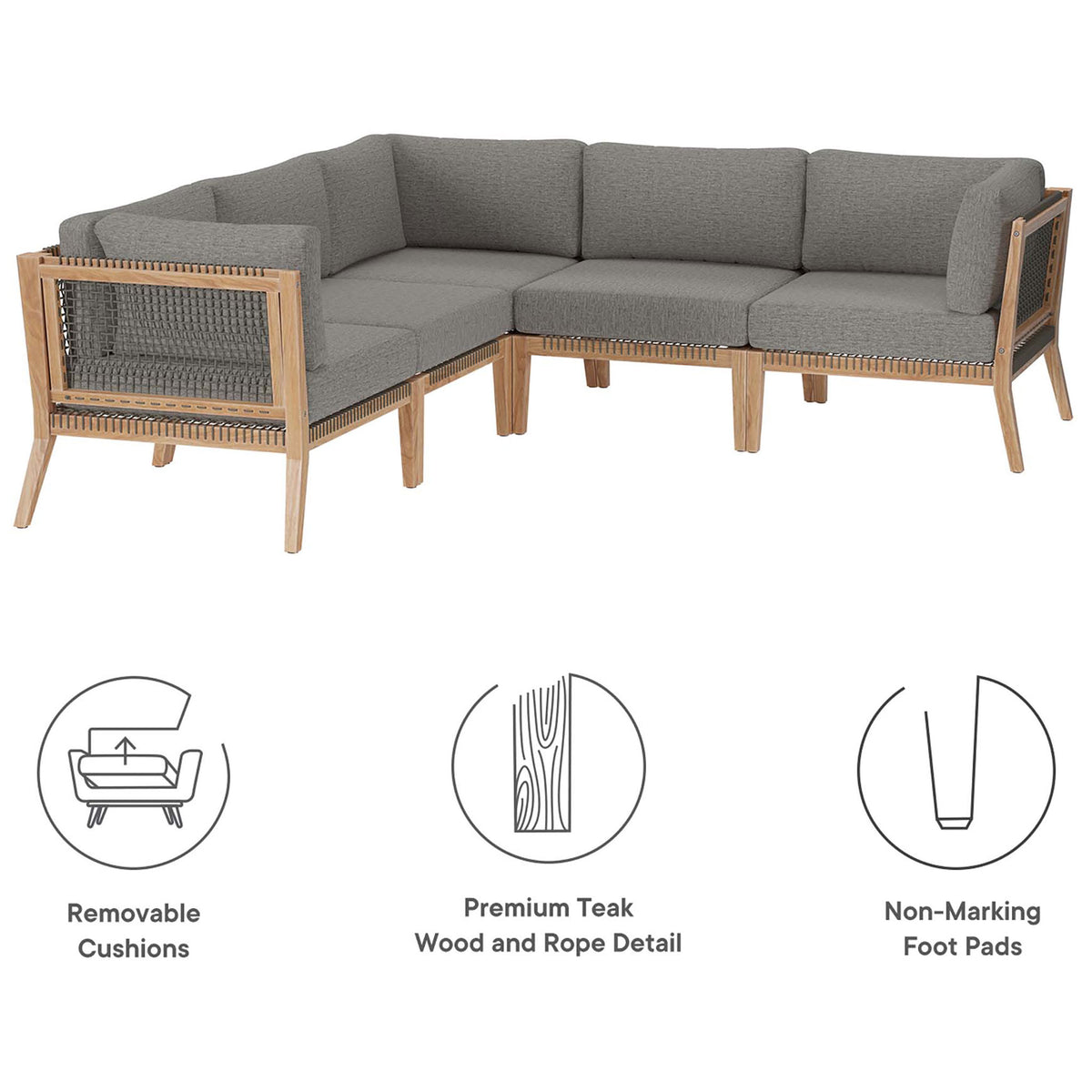 Feature graphic showing the gray graphite sectional with icons for removable cushions, teak wood, and non-marking feet || EEI-6123-GRY-GPH || callout_studio