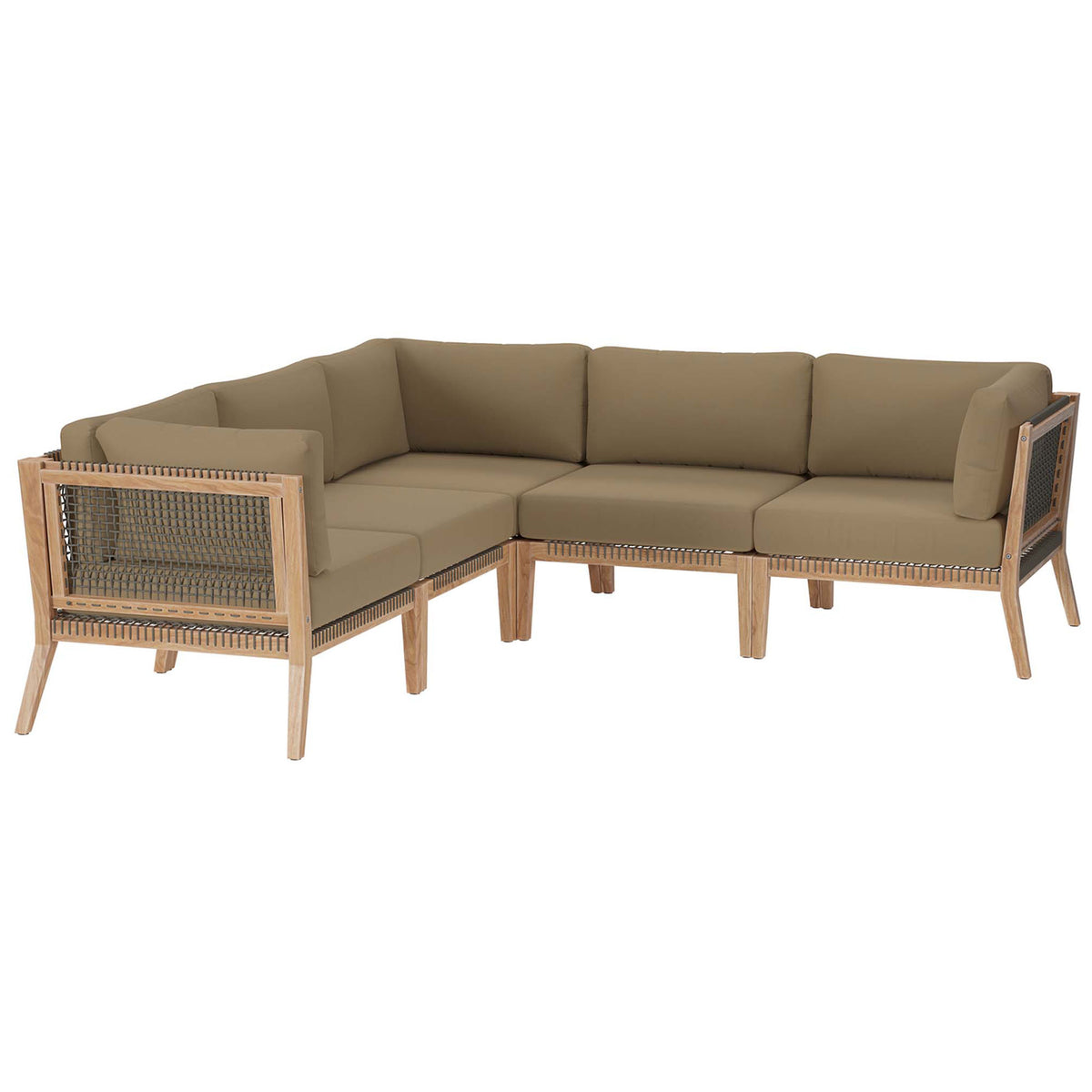 Teak outdoor sectional with light brown cushions and woven rope sides creating relaxed, coastal seating || EEI-6123-GRY-LBR || front_angle_studio