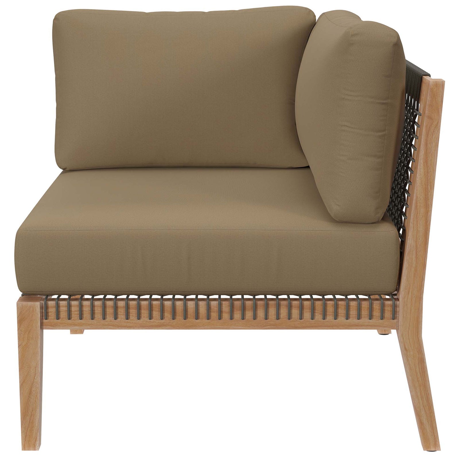 Corner chair profile emphasizing slim teak legs, woven rope panel, and soft light brown cushions || EEI-6123-GRY-LBR || side_partial_studio
