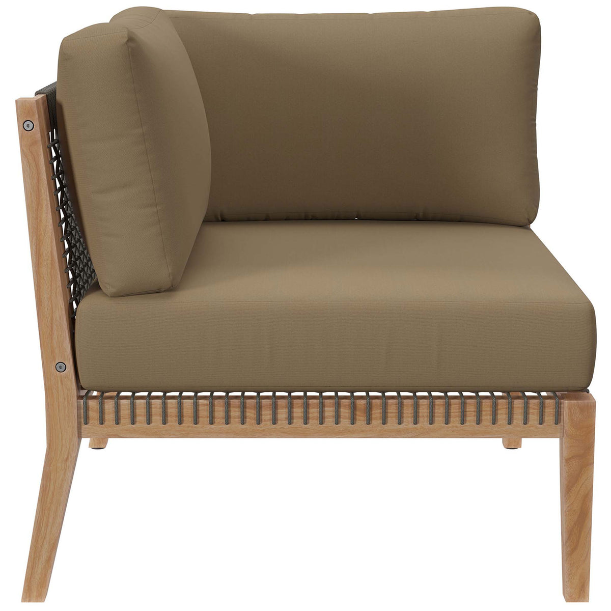 Alternate profile of the corner chair showing tight rope lattice and smooth light brown upholstery || EEI-6123-GRY-LBR || front_partial_studio