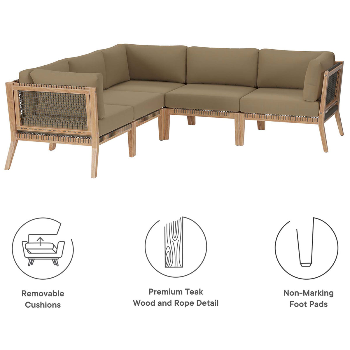 Feature graphic showing the light brown sectional with icons for removable cushions, teak wood, and non-marking feet || EEI-6123-GRY-LBR || callout_studio