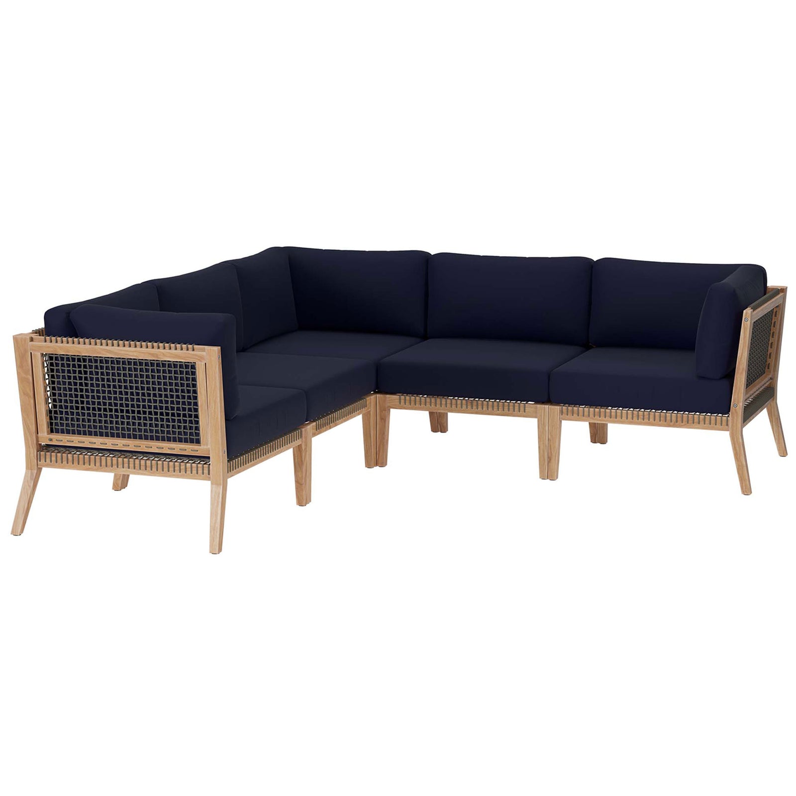 Teak outdoor sectional with deep navy cushions and woven rope sides for crisp, coastal-inspired seating || EEI-6123-GRY-NAV || front_angle_studio