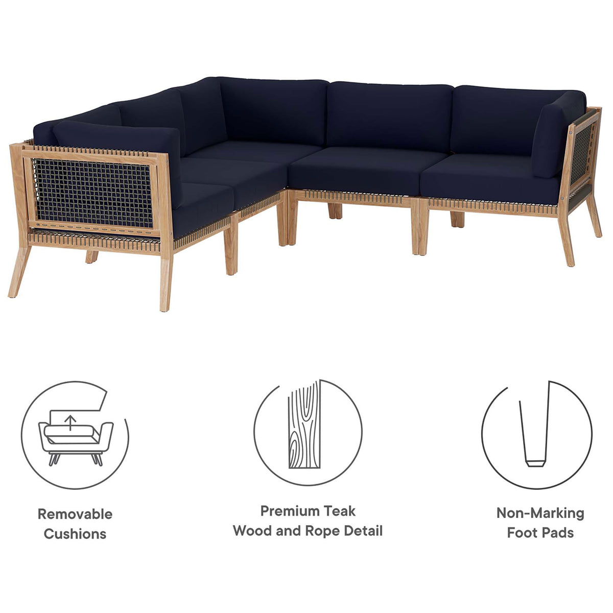 Feature graphic showing the navy sectional with icons for removable cushions, teak wood, and non-marking feet || EEI-6123-GRY-NAV || callout_studio