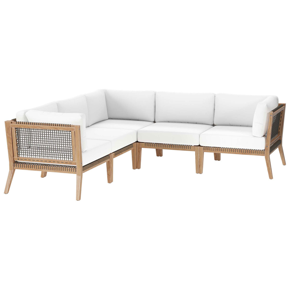 Teak outdoor sectional with crisp white cushions and woven rope sides for fresh, coastal-inspired seating || EEI-6123-GRY-WHI || front_angle_studio