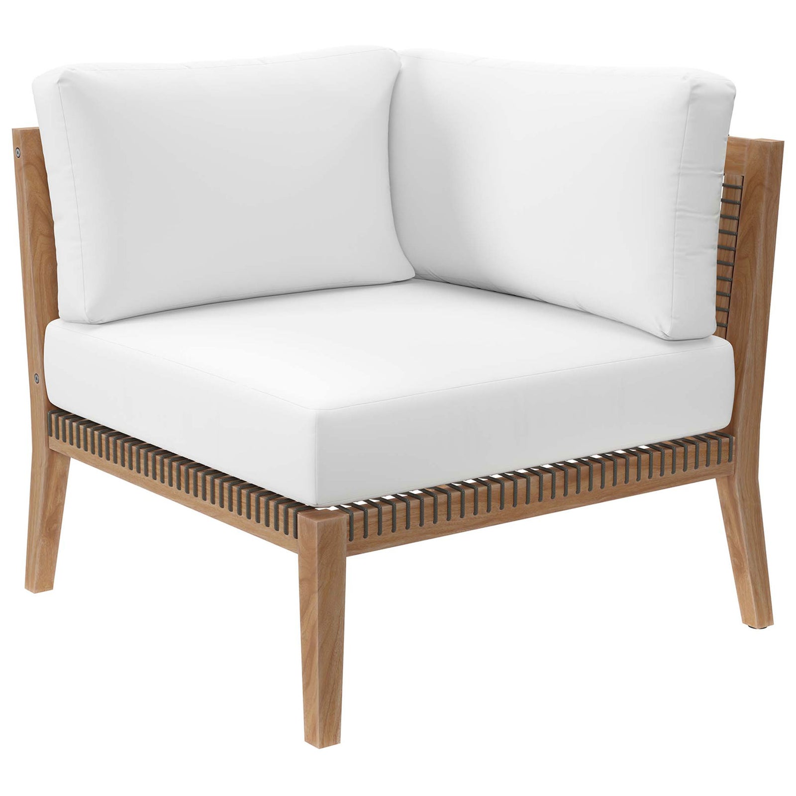 Clearwater corner chair module with white cushions on a sturdy teak base and rope accents || EEI-6123-GRY-WHI || front_angle_partial_studio
