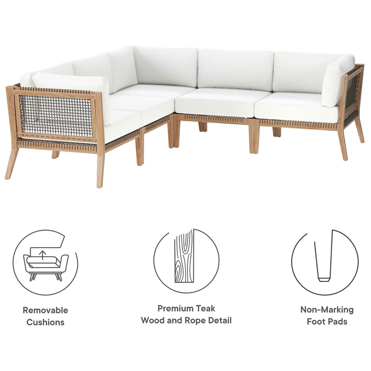 Feature graphic showing the white sectional with icons for removable cushions, teak wood, and non-marking feet || EEI-6123-GRY-WHI || callout_studio