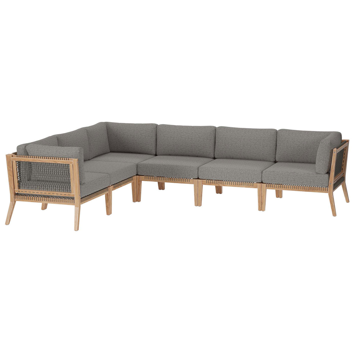 Gray graphite teak outdoor sectional with woven rope sides and deep corner cushions || EEI-6125-GRY-GPH || front_angle_studio
