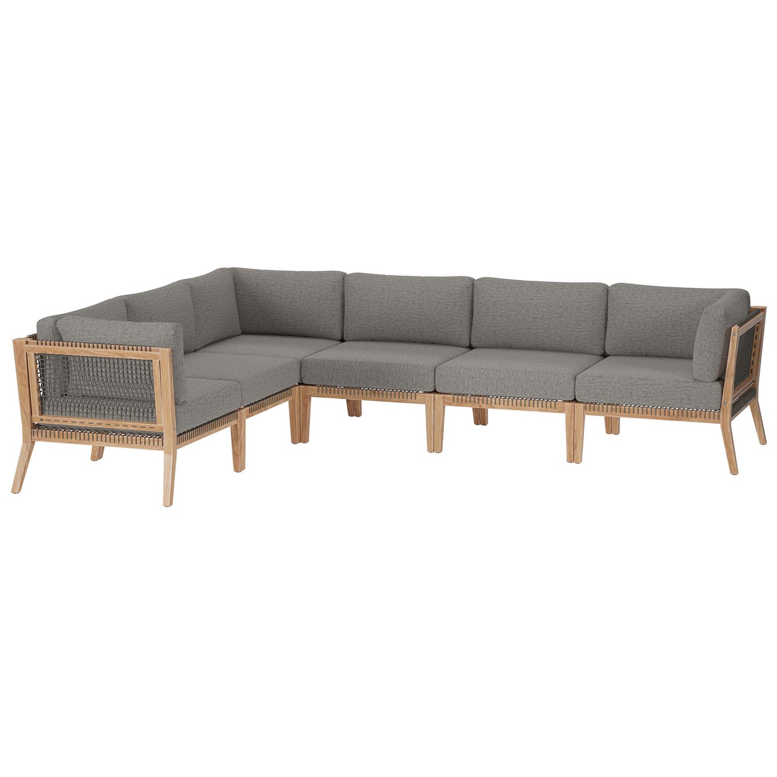 Gray graphite teak outdoor sectional with woven rope sides and deep corner cushions || EEI-6125-GRY-GPH || front_angle_studio