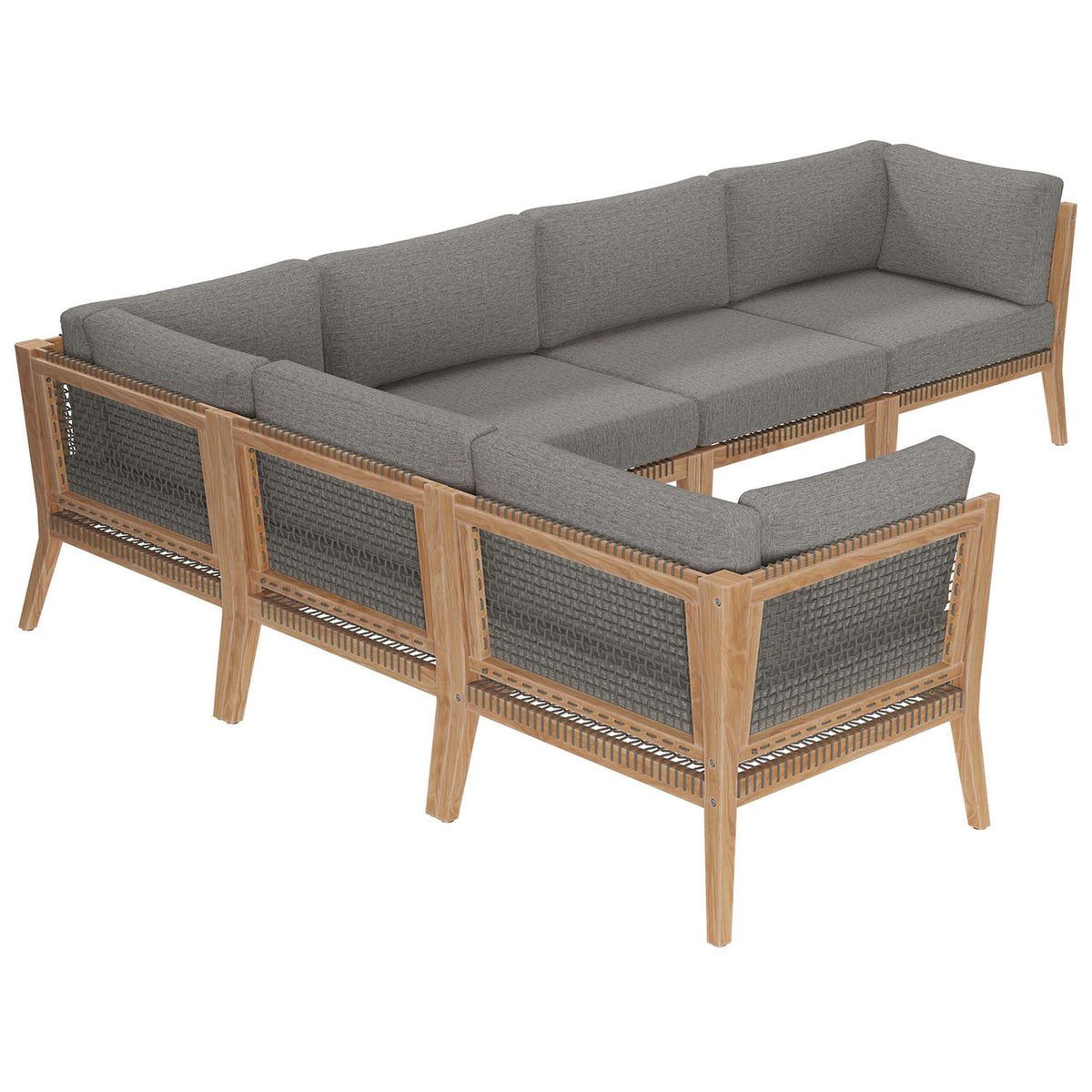 Back of gray graphite teak sectional showcasing woven rope panels and slim legs || EEI-6125-GRY-GPH || back_angle_studio