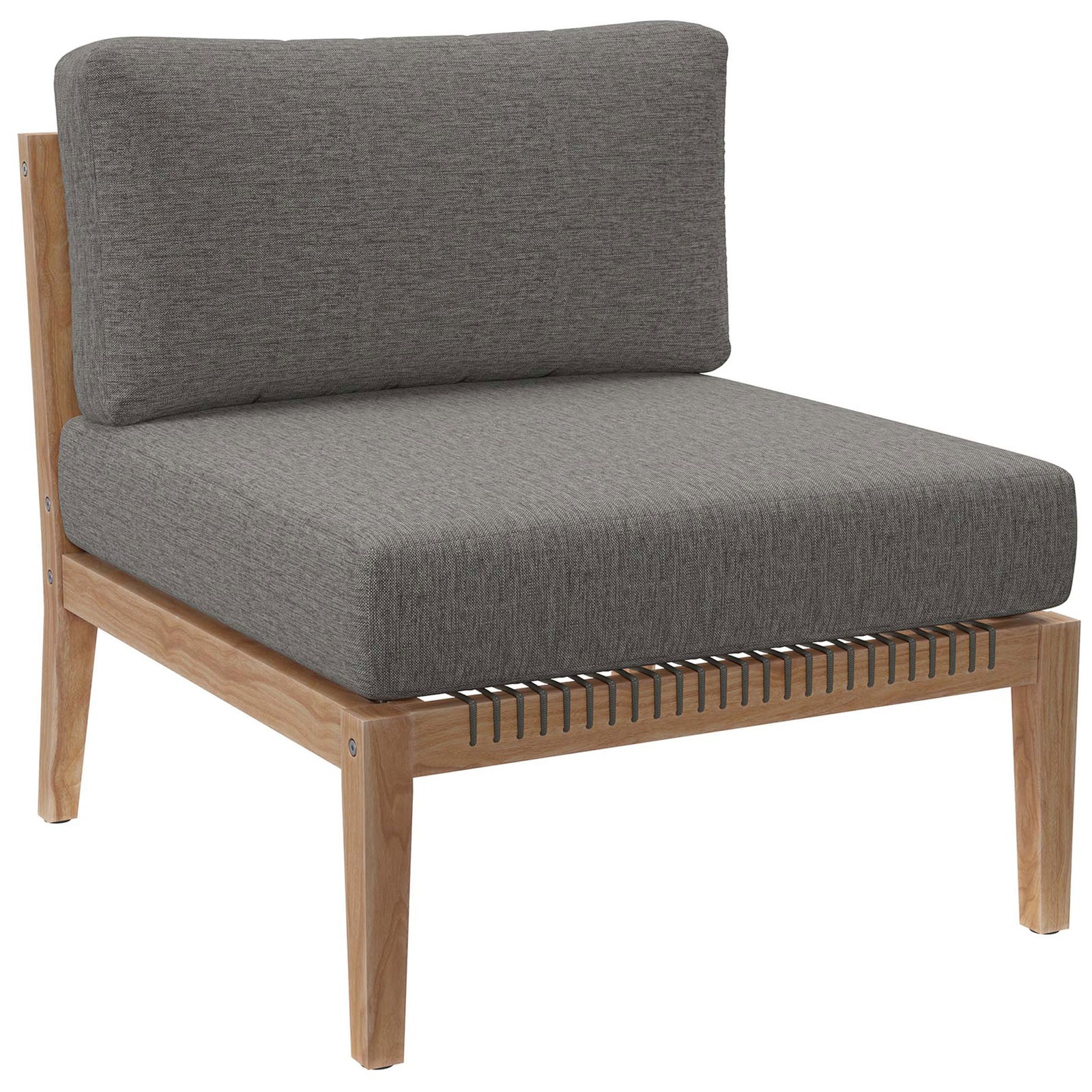 Gray graphite armless chair module with plush seat and back over teak frame || EEI-6125-GRY-GPH || front_angle_partial_studio