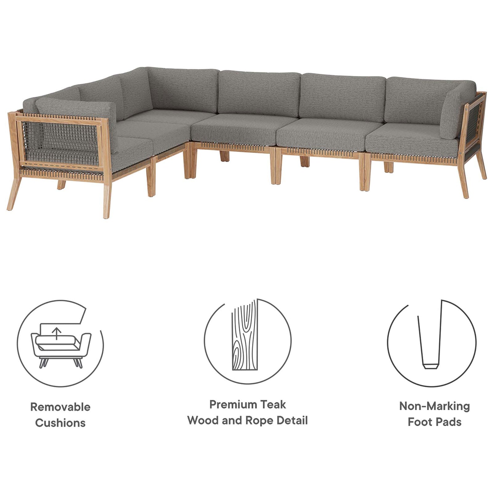 Feature graphic highlighting removable cushions, premium teak wood, and non-marking foot pads || EEI-6125-GRY-GPH || callout_studio