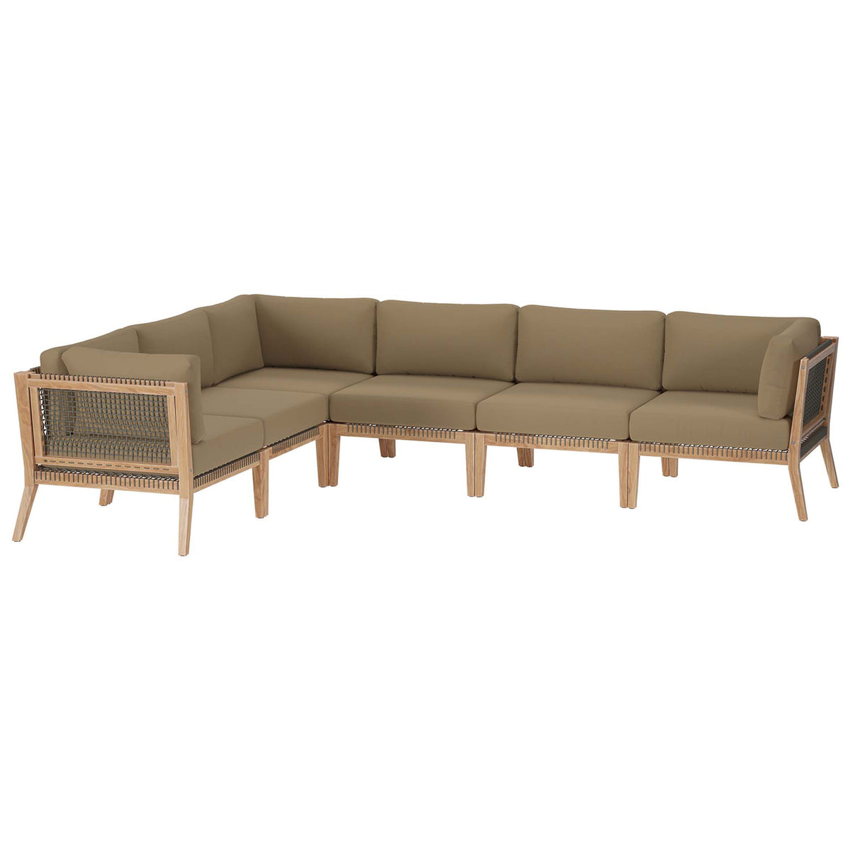 Light brown cushioned teak outdoor sectional with woven rope sides and generous seating || EEI-6125-GRY-LBR || front_angle_studio