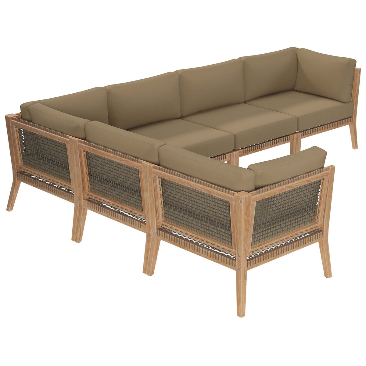 Back of light brown teak sectional showcasing woven rope panels and slim legs || EEI-6125-GRY-LBR || back_angle_studio