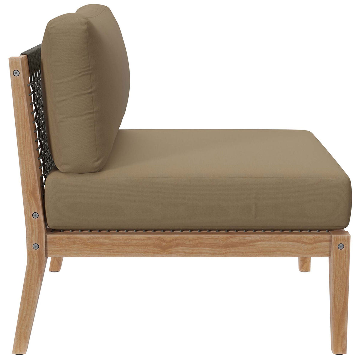 Armless chair with light brown cushion, rope backrest, and tapered teak legs || EEI-6125-GRY-LBR || side_partial_studio