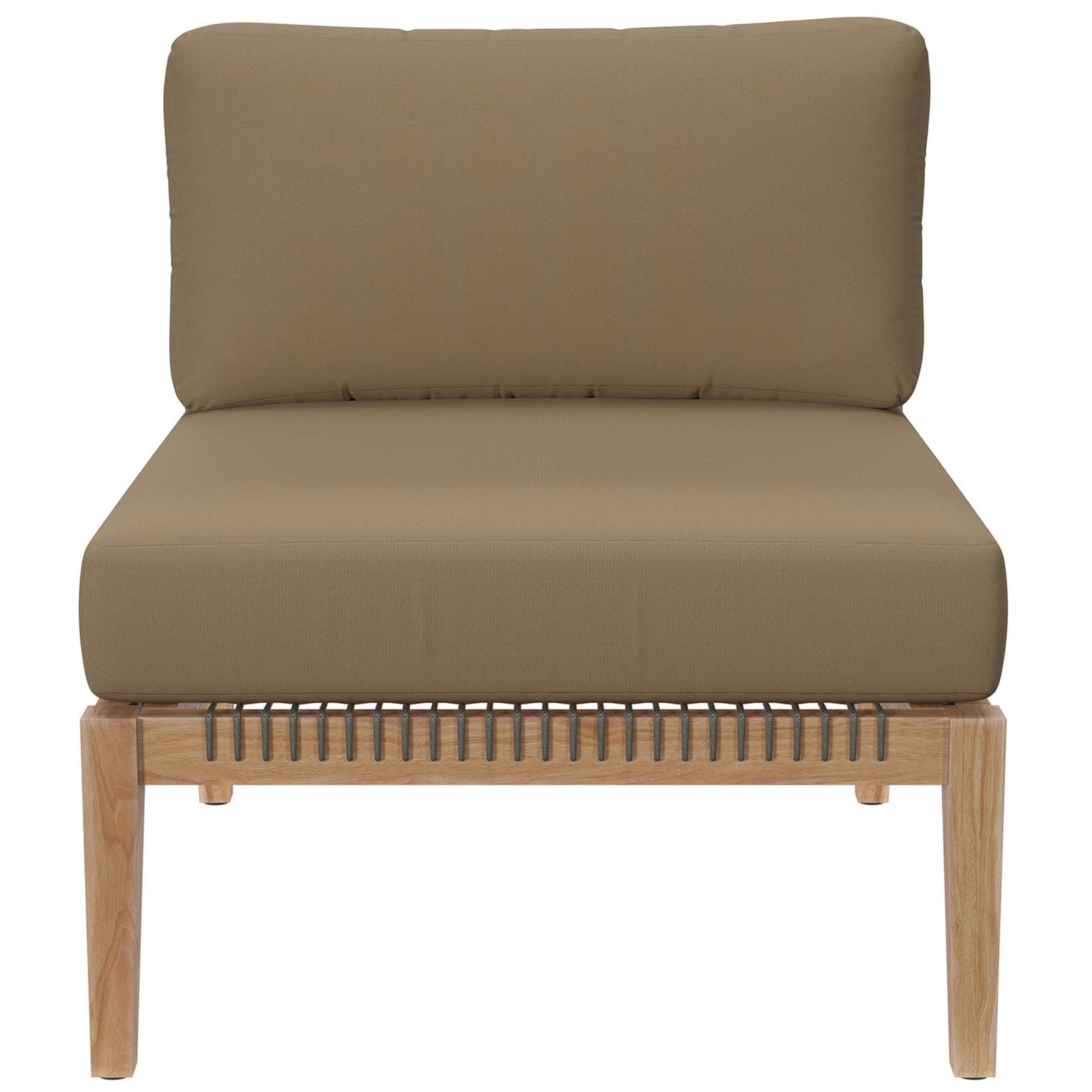 Armless chair module with wide light brown seat cushion and teak base || EEI-6125-GRY-LBR || front_partial_studio