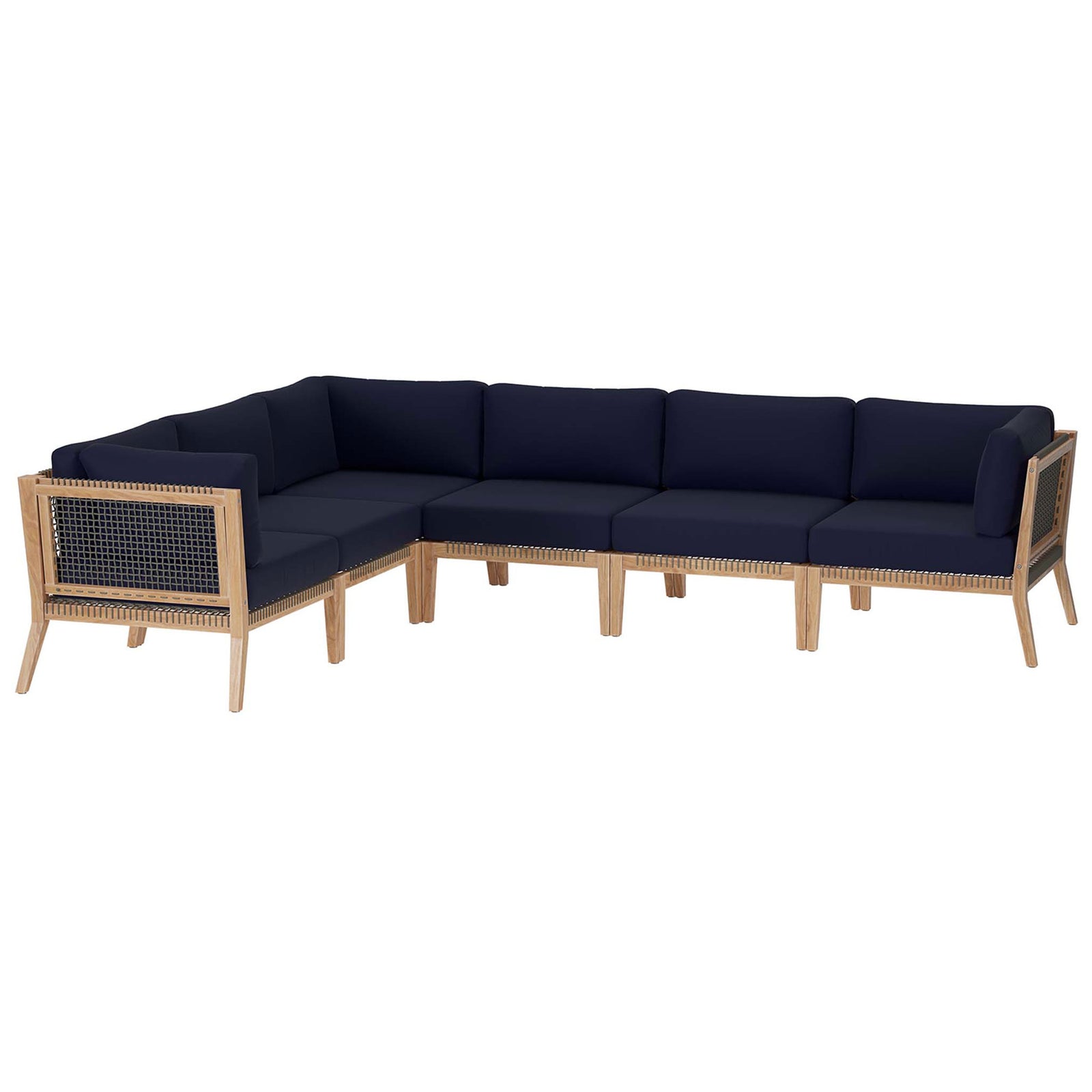 Navy cushioned teak outdoor sectional with woven rope sides and deep corner seating || EEI-6125-GRY-NAV || front_angle_studio