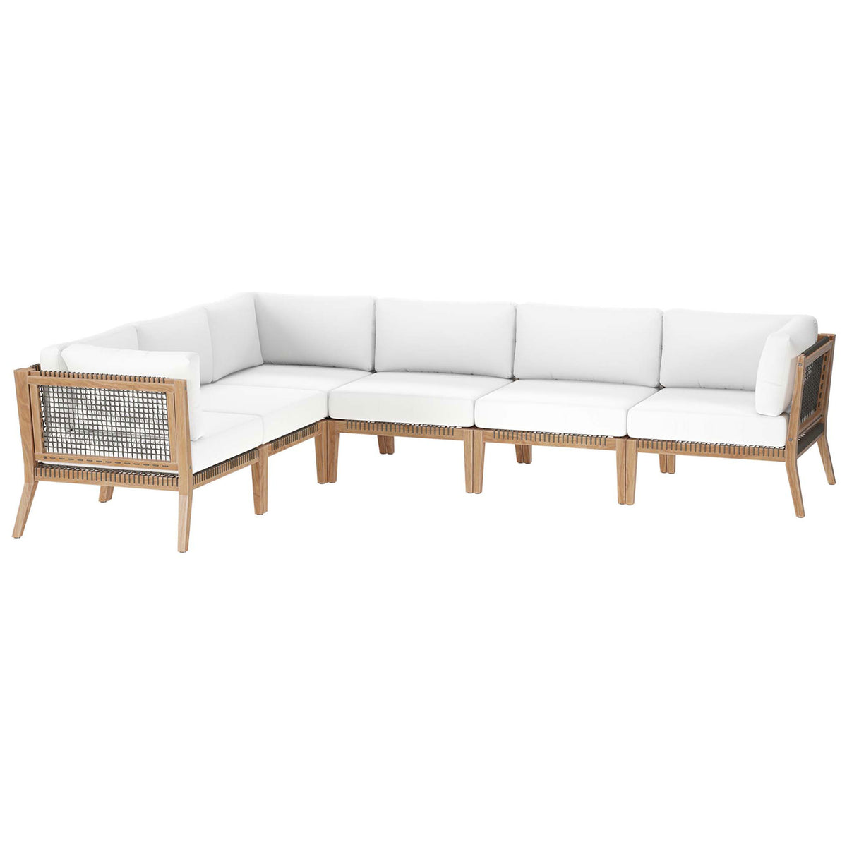 White cushioned teak outdoor sectional with woven rope sides and deep corner seating || EEI-6125-GRY-WHI || front_angle_studio