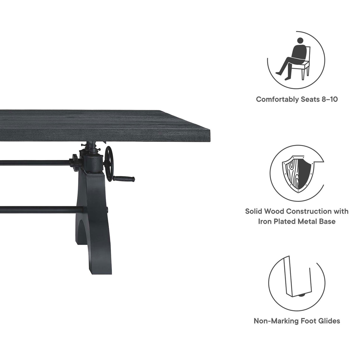 Feature graphic highlighting seating for eight to ten, solid wood top, iron-plated base, and non-marking foot glides || EEI-6149-BLK-BLK || callout_studio